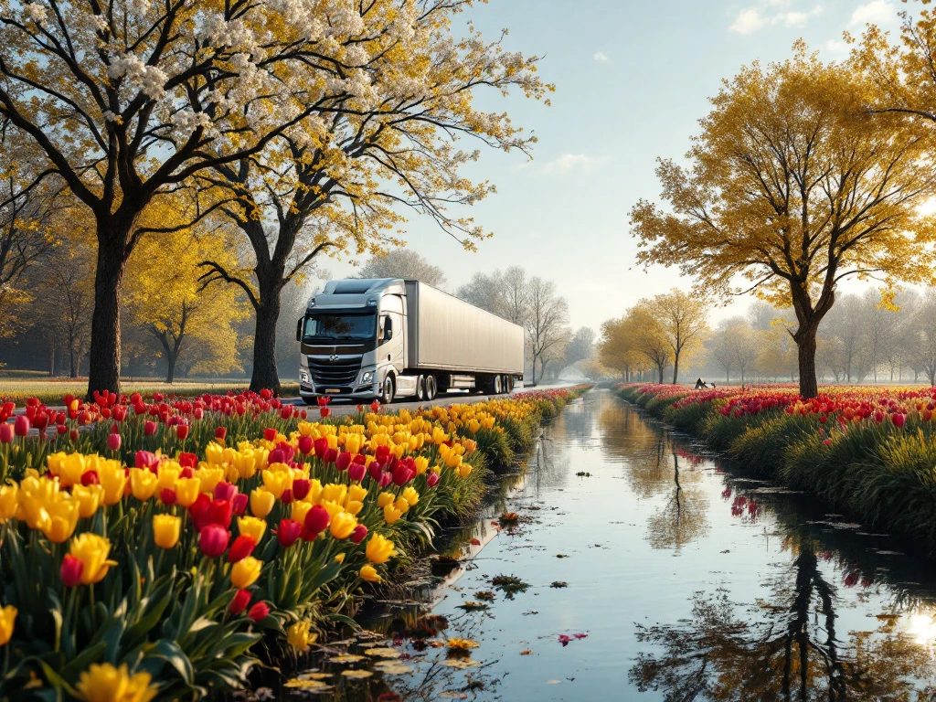 Camion modern traversând peisajul olandez la apus, cu tulipane colorate, mori de vânt tradiționale și o zonă de odihnă, simbolizând echilibrul muncă-viață.