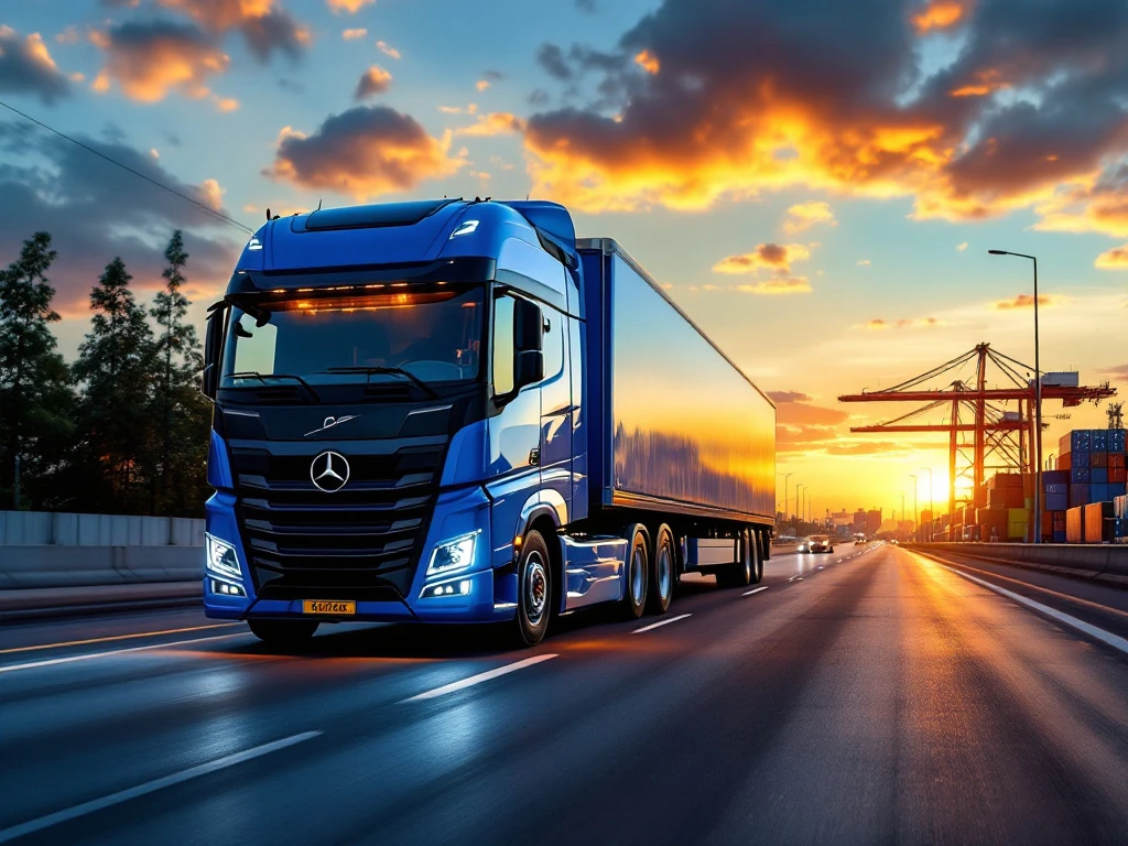 Camion modern cu cabină albastru-argintie pe un drum olandez, certificate profesionale vizibile, cu priveliște spre portul industrial în lumina aurie a apusului.