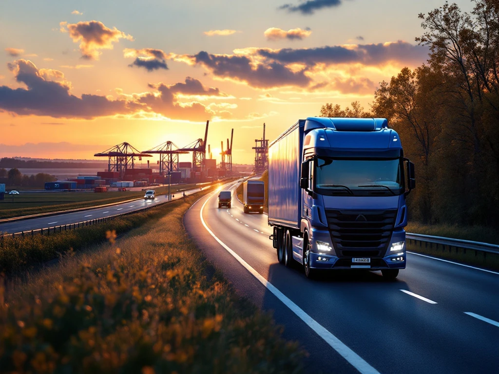 Camion modern pe autostradă olandeză, cu mori de vânt, câmpuri de lalele și portul Rotterdam la orizont în lumina aurie a apusului.