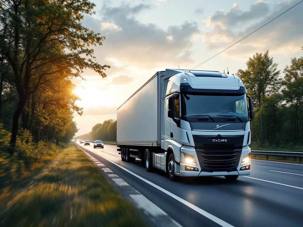 Camion albastru modern pe o autostradă olandeză la apus, cu mori de vânt în fundal și documente contractuale vizibile, simbolizând oportunități în transport rutier.