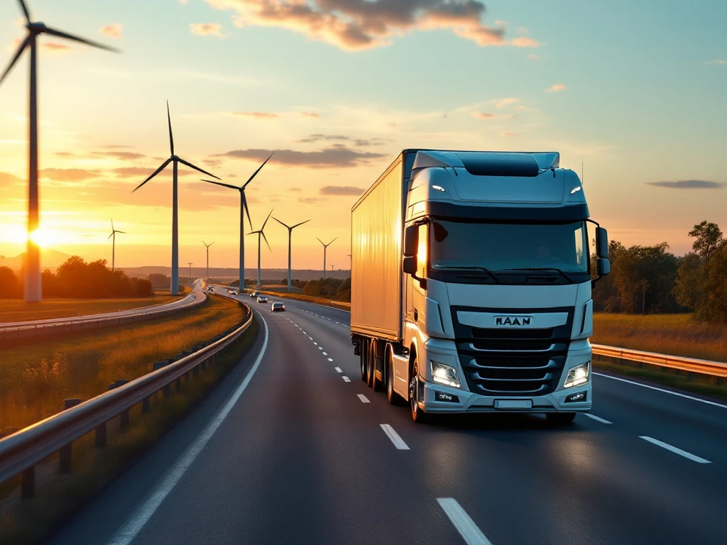 Camion modern de transport internațional pe autostrada olandeză la apus, cu bord high-tech și GPS, în peisaj cu lalele și turbine eoliene.