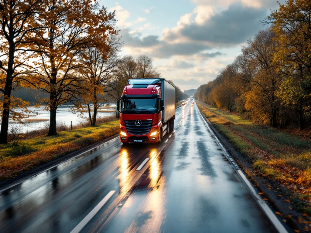 Camion de transport internațional est-european pe o autostradă olandeză, cu peisaj tradițional cu mori de vânt și canale în fundal, la apus.