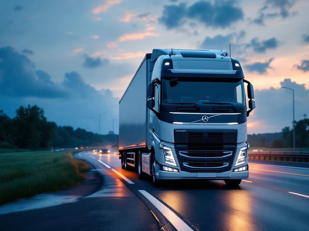 Camion albastru modern pe un pod la apus, cu tablou de bord profesional, GPS și documente. Traseul european vizibil, simbolizând transportul internațional.