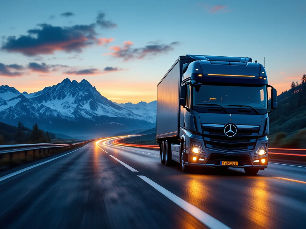 Camion modern de transport internațional pe autostradă europeană trecând prin sistem electronic de taxare, cu indicatoare rutiere din diverse țări la apus.