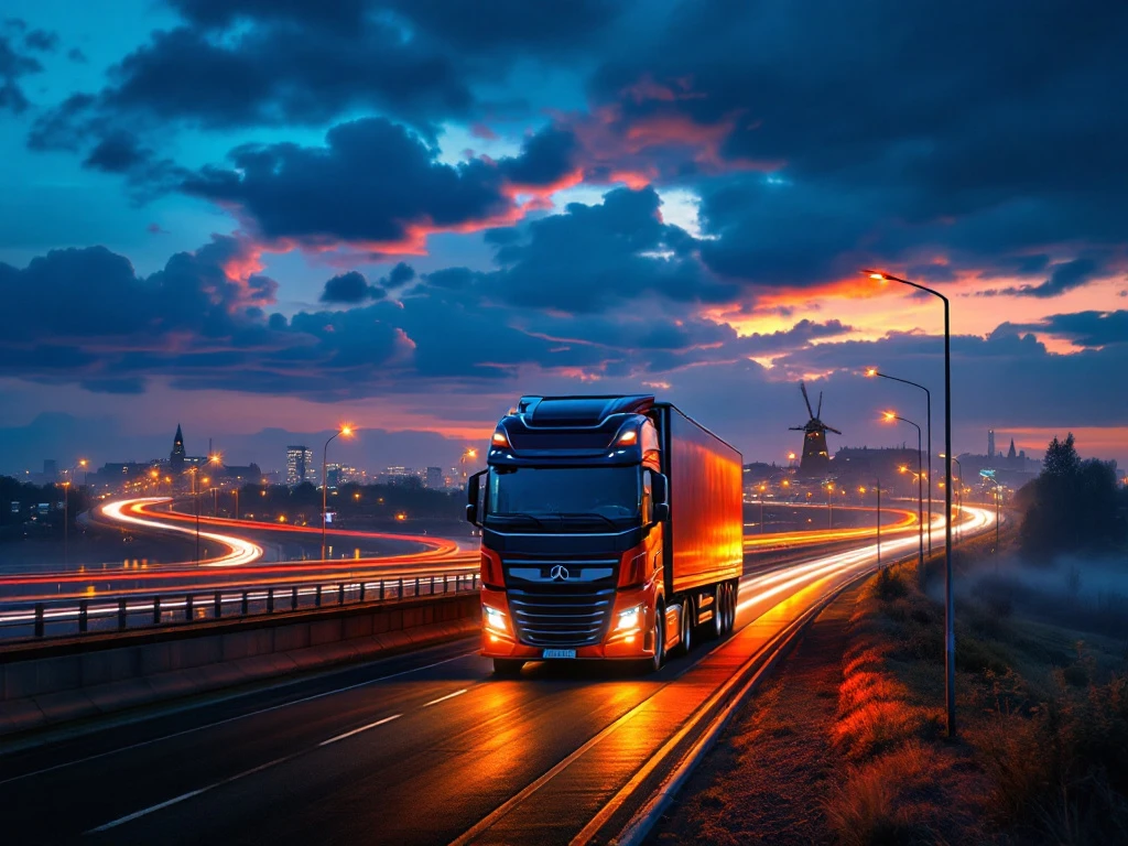 Camion modern pe autostrada olandeză la apus, cu peisaj de mori de vânt și câmpuri de lalele în fundal, reflectând oportunități în transportul rutier olandez.
