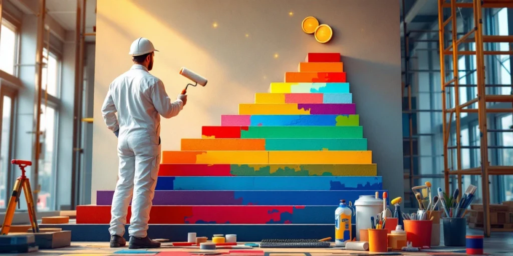 Pictor olandez în haine albe urcă scări din mostre de vopsea colorată, cu insigne de certificare plutind deasupra fiecărei trepte