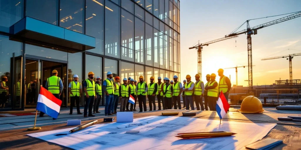 Muncitori în construcții cu veste reflectorizante și căști la un șantier din Olanda, documente sindicale pe masă cu planuri