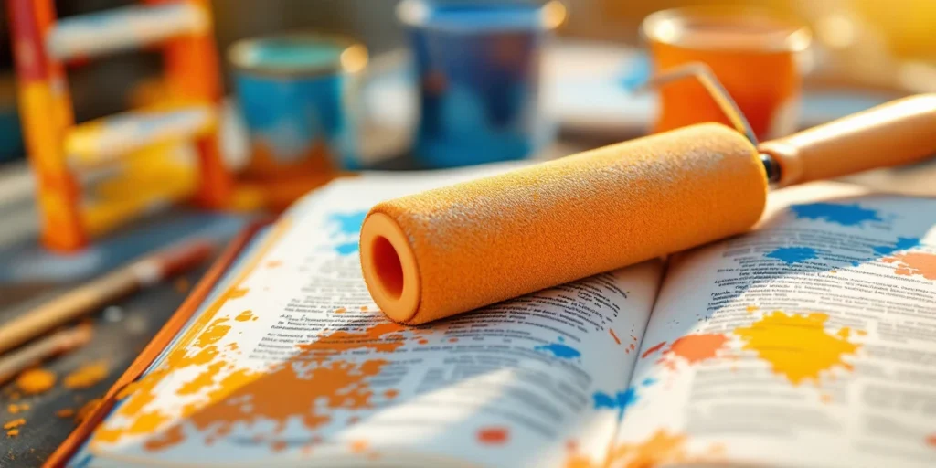Dicționar bilingv olandez-român deschis la termeni de vopsitorie, cu trafalet profesional pe pagini și vopsele colorate în fundal