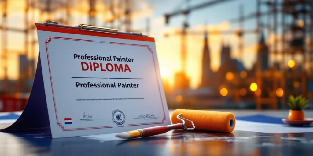 Diplomă de pictor validată oficial în Olanda, cu ștampile, lângă instrumente profesionale și steagul olandez