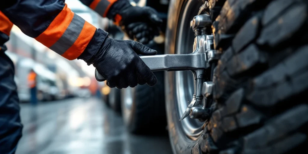 Mâini în mănuși negre folosind o cheie profesională pe anvelopa unui camion, cu vehicule comerciale în fundal