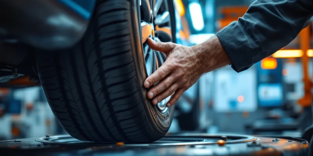 Mâini experimentate montează o anvelopă pe mașina de echilibrat roți într-un atelier auto profesional cu echipament de siguranță