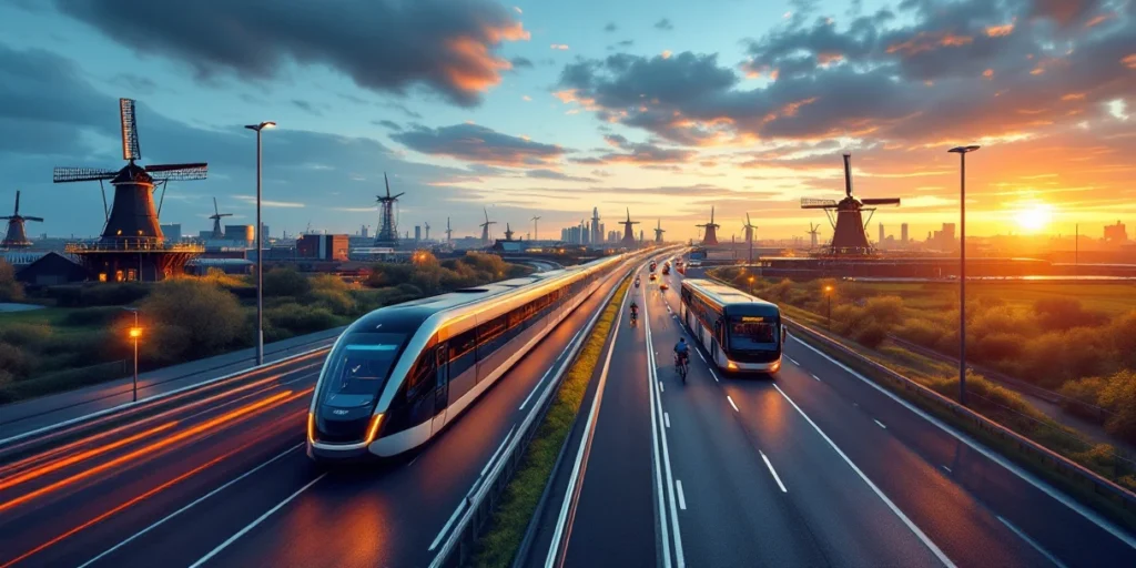 Nod de transport olandez modern cu tren electric, autobuze și biciclete sub cer auriu, cu mori de vânt în fundal