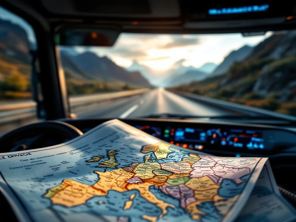 Permis de conducere CE și hartă a Europei pe bordul unui camion modern, cu autostradă în peisaj european și tehnologie avansată de navigație