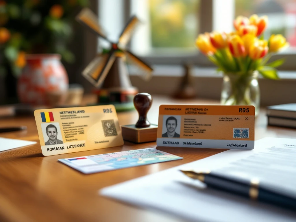 Permise de conducere românești și olandeze pe birou cu ștampilă oficială, lupă și documente pentru conversia permisului.