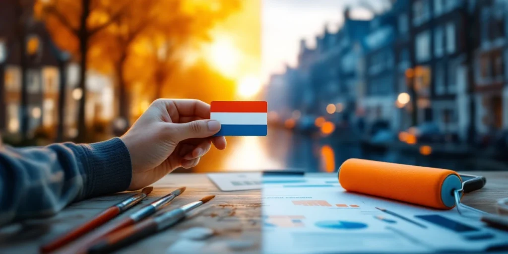 Mână de pictor român ține card bancar olandez, unelte de vopsit și documente bancare, fundal cu arhitectură română și olandeză