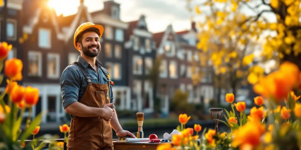 Pictor român în salopetă strânge mâna unui coleg olandez în fața caselor tradiționale din Amsterdam, cu unelte profesionale