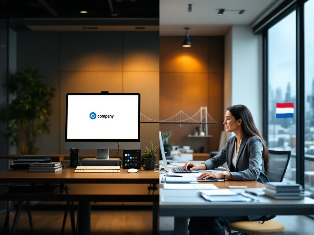 Comparație între birou corporativ și agenție de recrutare cu specialist oferind asistență. Steagul Olandei indică oportunități transfrontaliere.