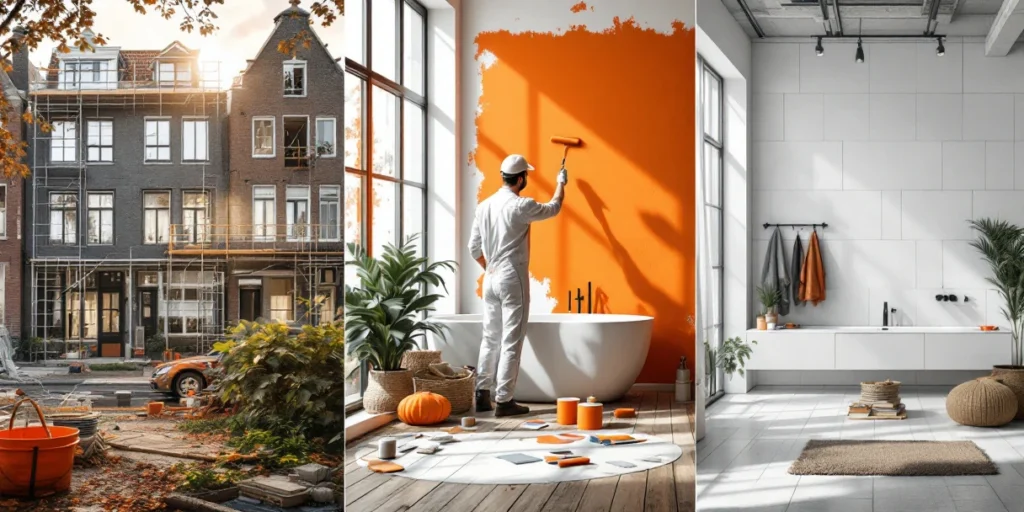 Constructor olandez aplică vopsea portocalie într-un birou modern, cu renovări de case și băi de lux vizibile în fundal