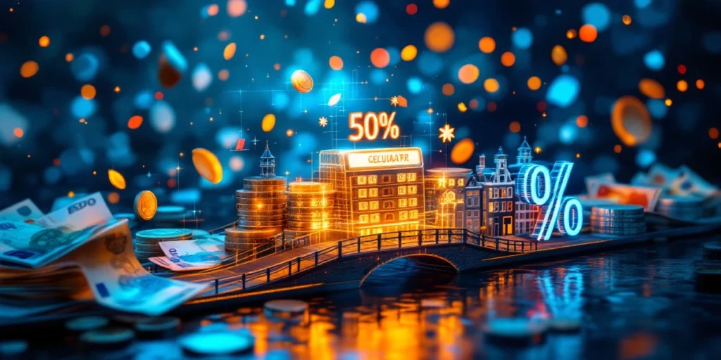 Calculator fiscal digital conectează monede românești și euro olandeze cu clădiri tradiționale în fundal