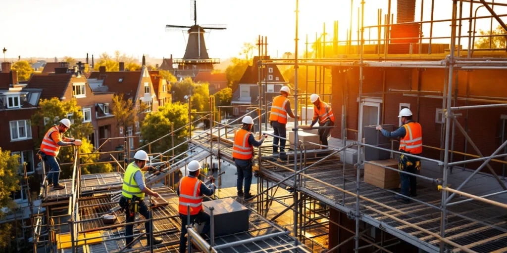 Muncitori în construcții cu veste portocalii lucrează pe schele metalice la apus, clădiri olandeze și moară în fundal