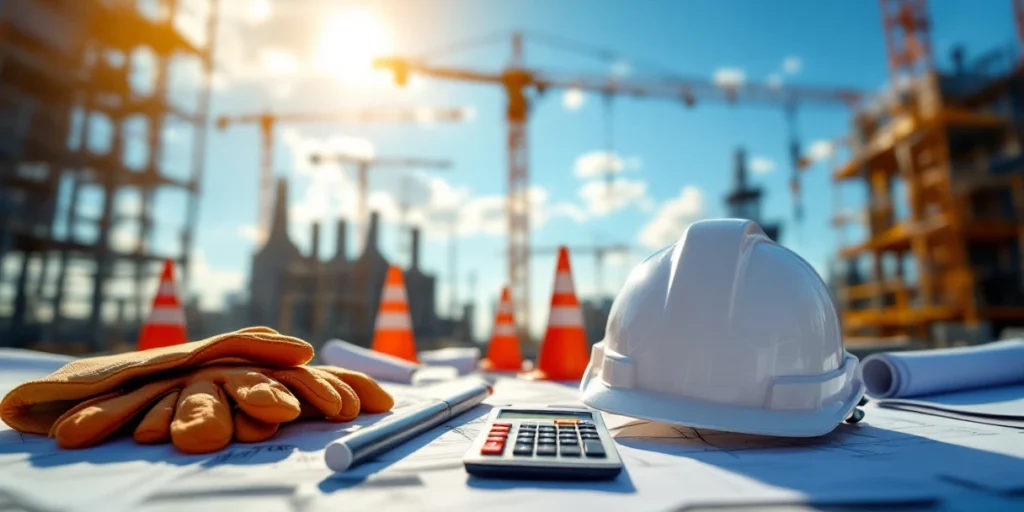Șantier de construcții olandez cu schele, macara și cască pe planuri arhitecturale lângă calculator cu simboluri Euro