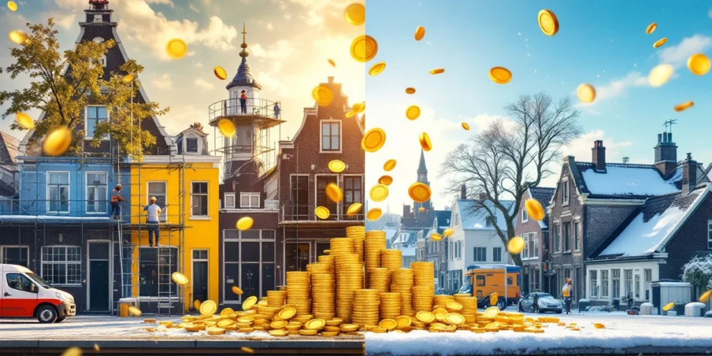 Șantiere olandeze vara vs iarna: pictori pe schele vara cu monede euro, echipamente inactive iarna pe case tradiționale