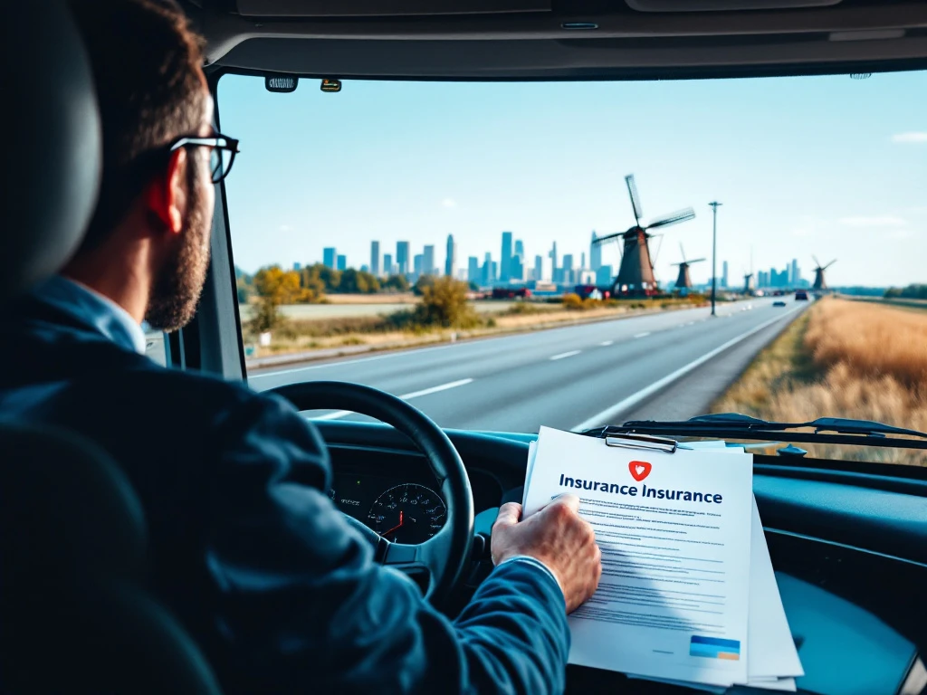 Șofer profesionist de camion pe autostrada olandeză, cu documente de asigurare pe bord și orizontul Amsterdamului în depărtare sub cer senin, cu mori de vânt vizibile.