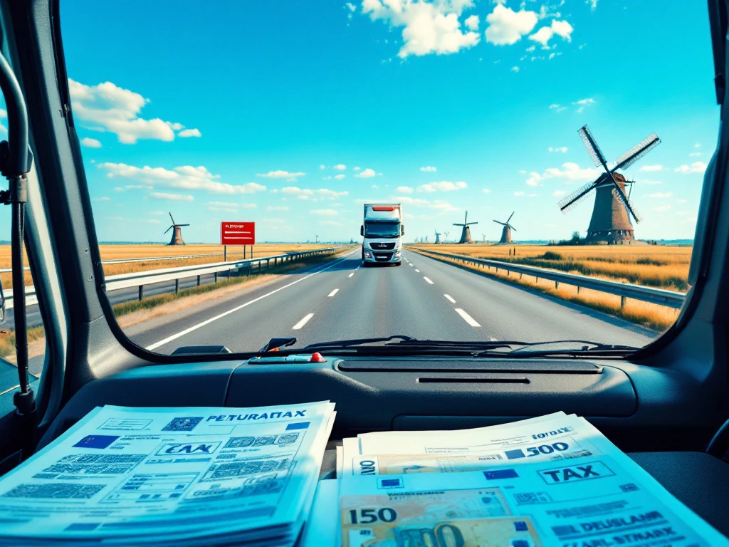 Cabina șoferului de camion cu vedere la autostrada olandeză, documente fiscale cu ștampile albastre și euro pe bord, și mori de vânt tradiționale în depărtare sub cerul senin.