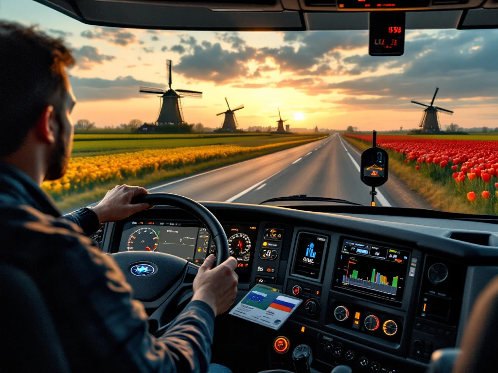 Perspectivă din cabina unui camion modern spre autostrada olandeză cu mori de vânt și câmpuri de lalele, în lumina caldă a apusului.