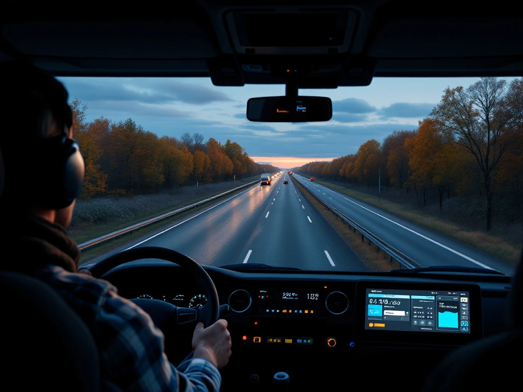 Tahograf digital cu card de șofer în bordul camionului, pe fundalul unei autostrăzi olandeze la apus, cu peisaj plat și un alt camion vizibil în oglinda laterală.