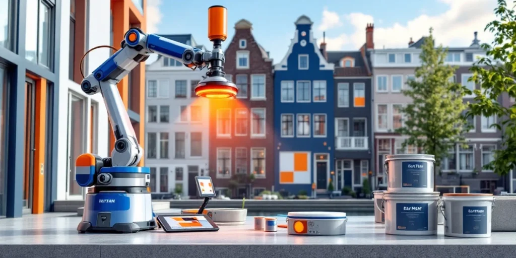 Șantier de construcție olandez modern cu brațe robotice aplicând vopsea nano pe fațade, având case tradiționale în fundal