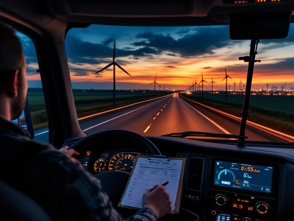 Camion modern pe autostradă olandeză la apus, cu mori de vânt în fundal, tahograf digital și documente indicând ore prelungite de lucru.