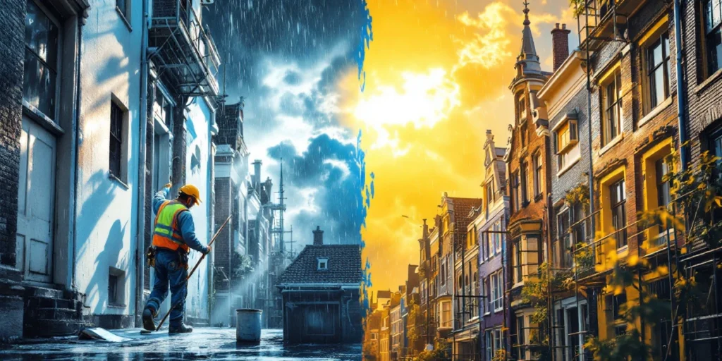 Pictor lucrând în condiții meteo opuse: ploaie torențială versus soare strălucitor pe case olandeze tipice