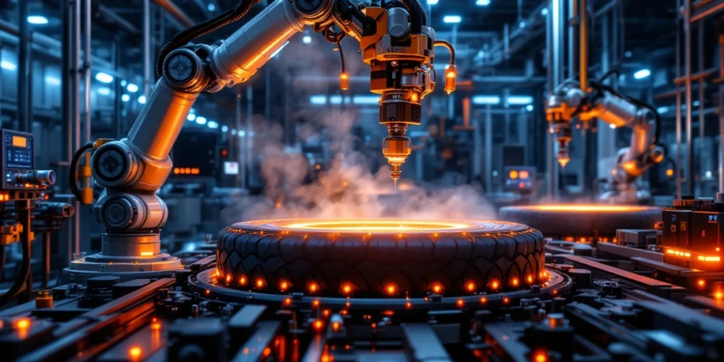 Brațe robotice automatizate procesează anvelope industriale într-o fabrică modernă de vulcanizare din Olanda cu iluminare LED
