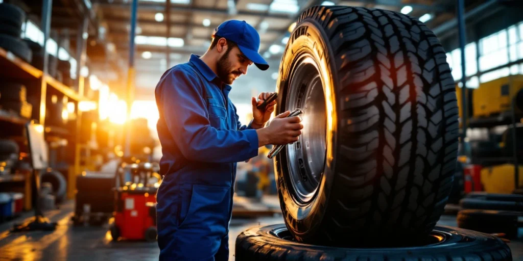 Muncitor în salopetă albastră examinează anvelopă de camion în atelier modern de vulcanizare din Olanda, echipamente specializate vizibile