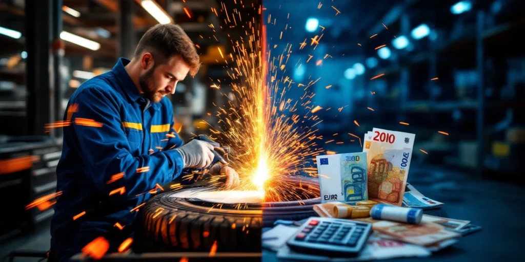 Tehnician român în salopetă albastră repară anvelope cu echipament profesional, tranziție spre documente fiscale olandeze și euro