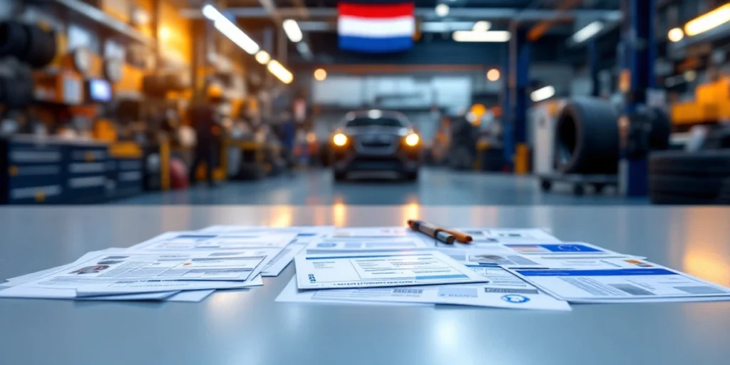 Documente oficiale de muncă UE pe birou în atelier auto olandez, echipament vulcanizare și steag Olanda în fundal