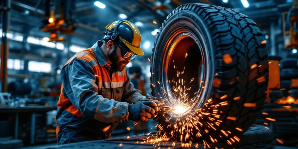 Vulcanizator profesionist examinând o anvelopă industrială într-un atelier auto modern olandez cu echipamente avansate