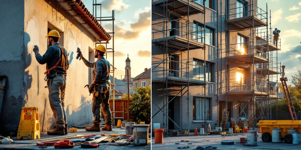Doi pictori în construcții: român cu unelte tradiționale și olandez cu echipament modern, evidențiind contrastul metodelor de lucru