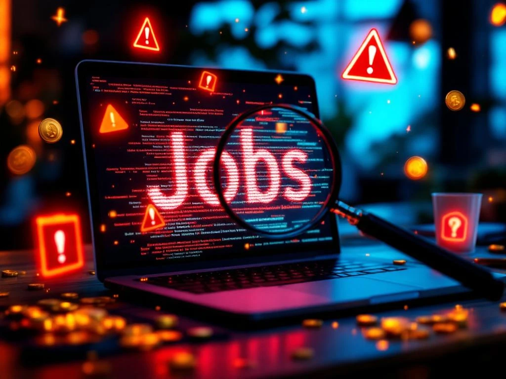 Laptop cu ofertă de muncă suspectă, semne de avertizare roșii, lupă dezvăluind capcane digitale și cârlige de phishing