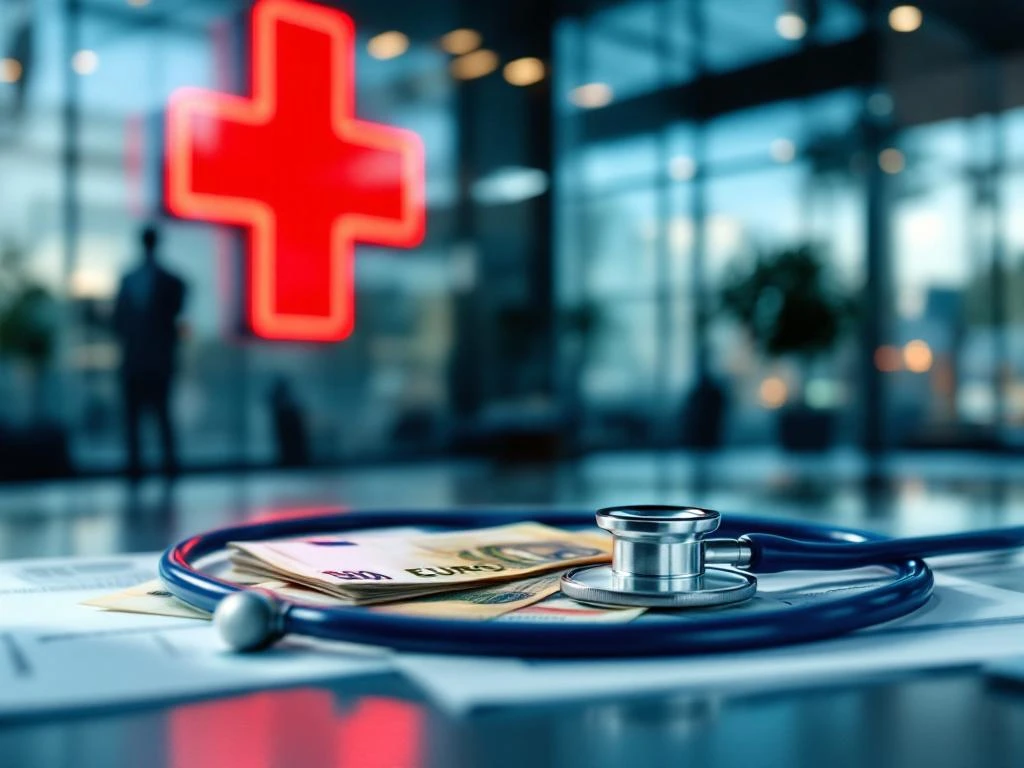 Clădire modernă de birouri cu simbol medical reflectat, stetoscop înfășurat pe bancnote Euro și documente de asigurare