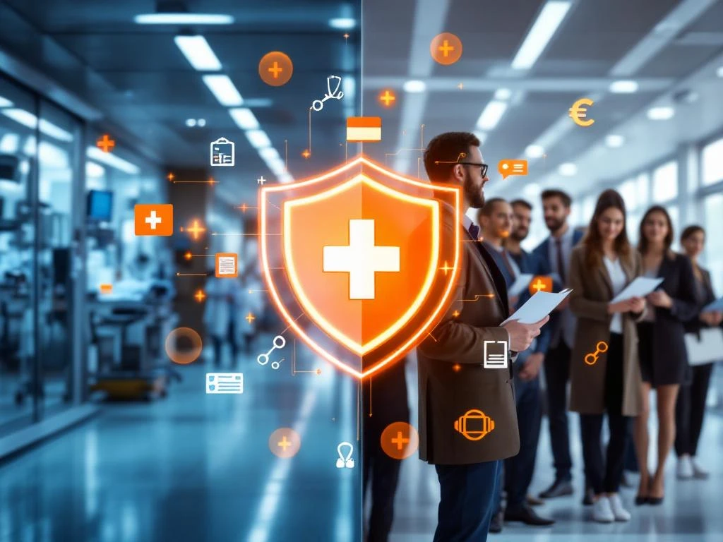 Spital modern olandez și lucrători internaționali cu carduri de asigurare, scut medical transparent cu accente portocalii