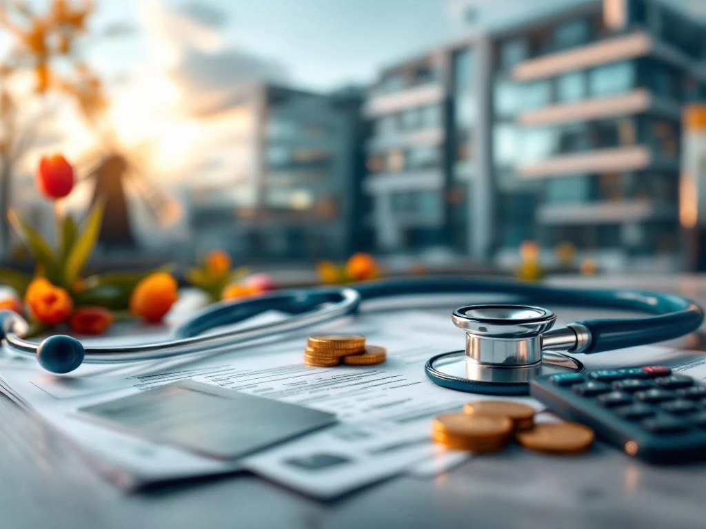 Documente de asigurare medicală olandeză cu stetoscop, clădire spital modern, monede euro și accente portocalii naționale