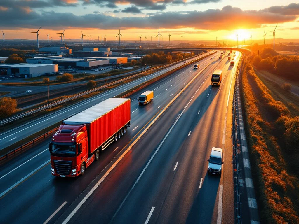 Intersecție de autostradă olandeză cu camion CE, autobuz și dubă de livrare, turbine eoliene în fundal la apus