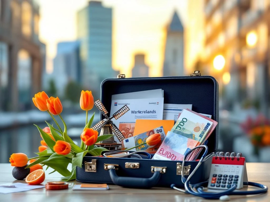 Servietă deschisă cu permis de muncă olandez, euro, lalele portocalii și clădire modernă de birouri în fundal la apus