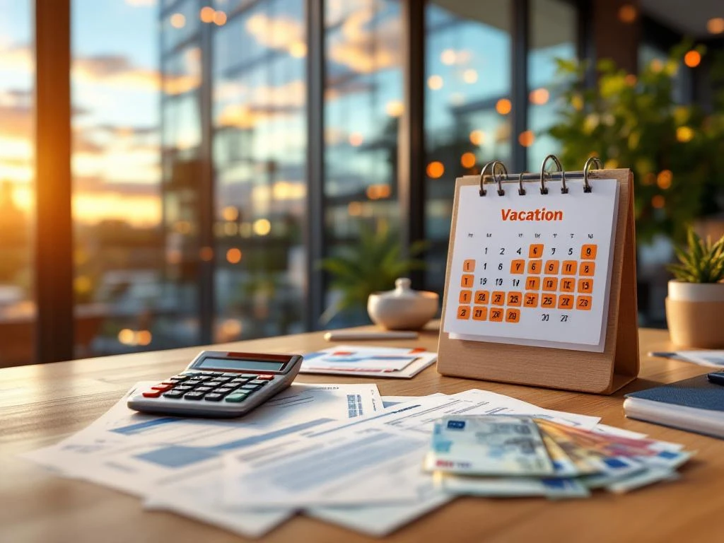 Clădire modernă olandeză cu documente oficiale, card de sănătate, euro și calculator cu calcule de pensie pe birou