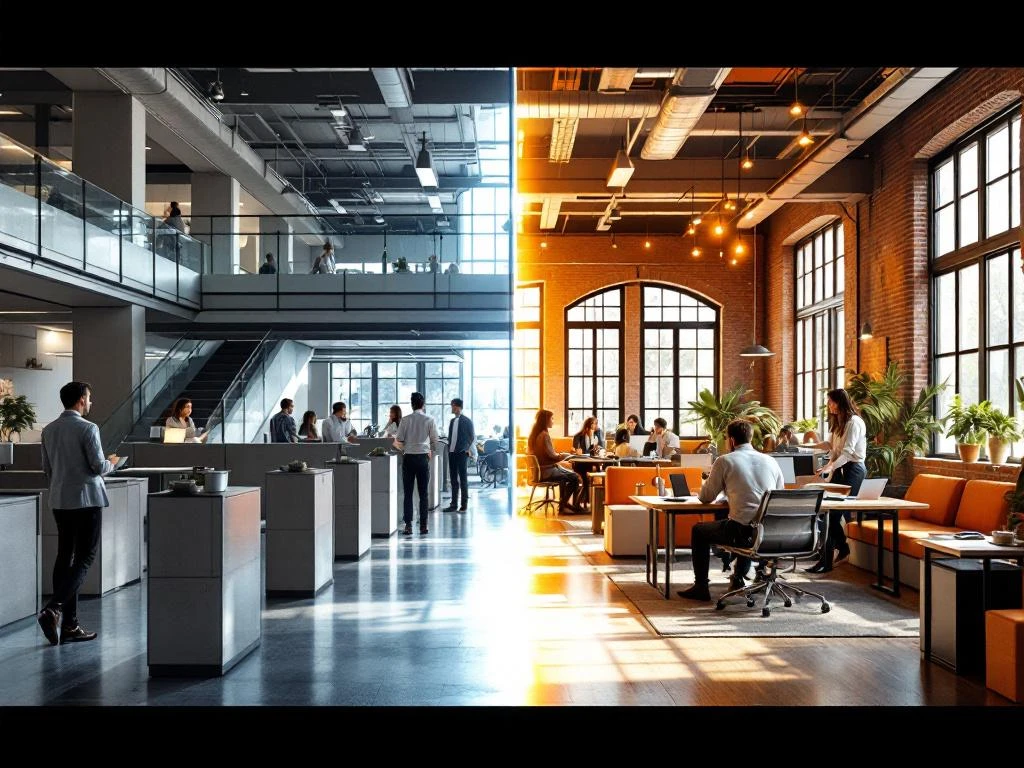 Birou olandez deschis cu biciclete și zone colaborative conectat prin pod transparent cu spațiu tradițional corporatist în gri