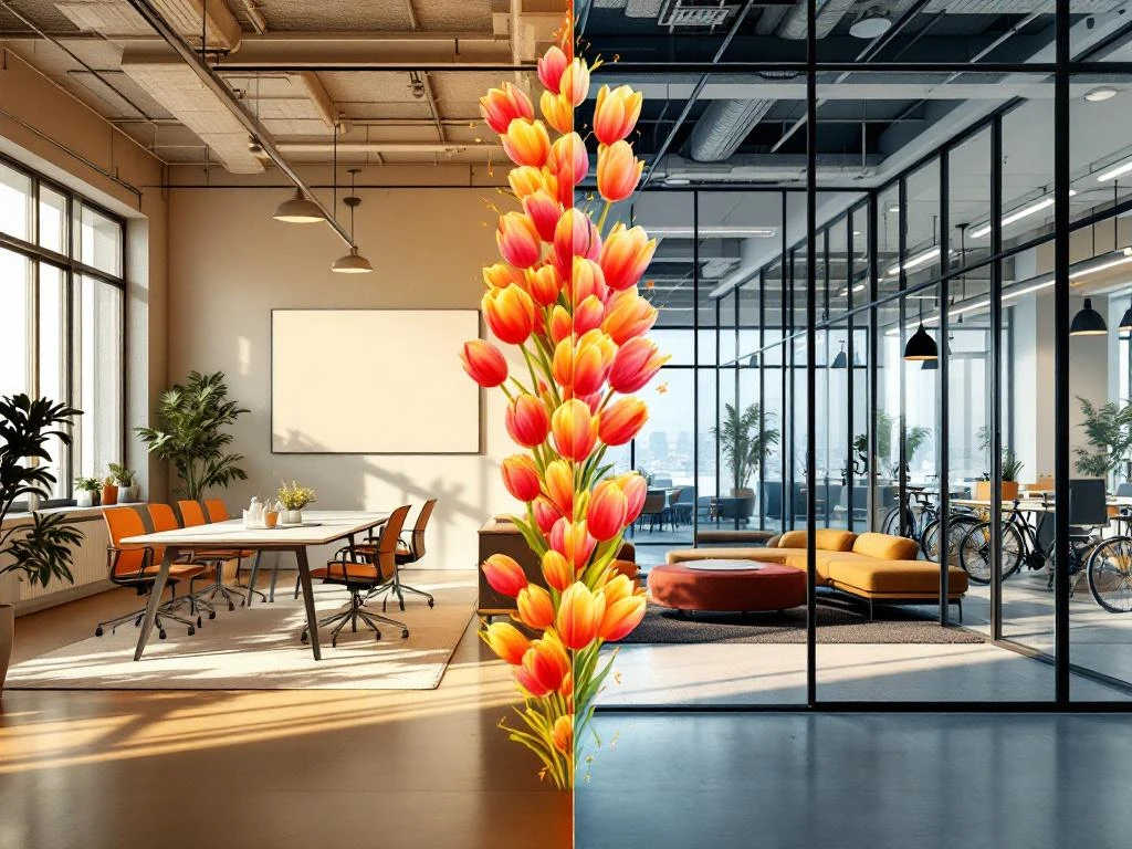 Comparație birouri moderne România-Olanda: stânga spațiu formal ierarhic, dreapta open-space olandez cu biciclete și colaborare