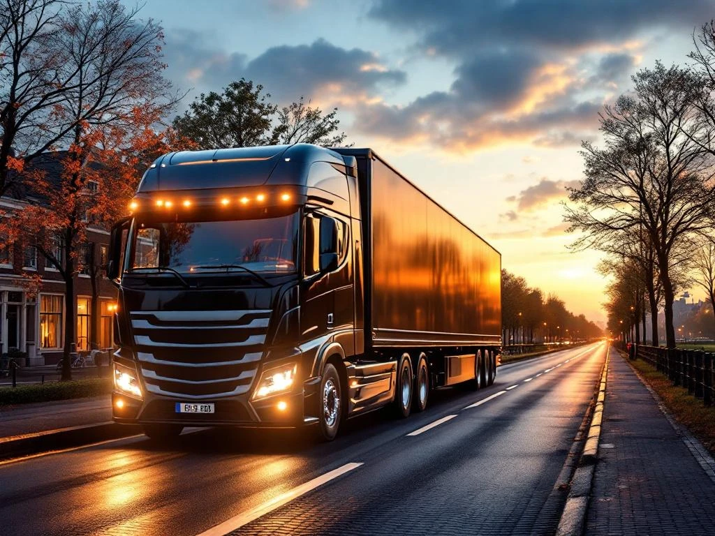 Camion olandez portocaliu lângă canal Amsterdam cu documente transport internațional pe capotă, mori de vânt în fundal