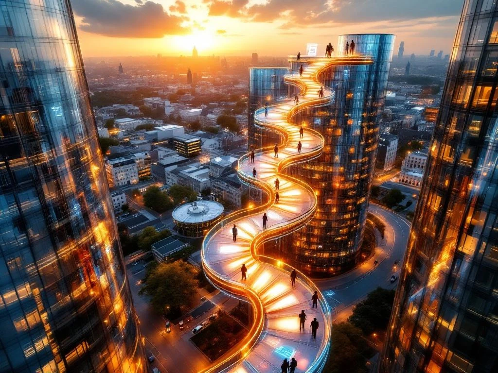 Clădiri moderne de birouri olandeze cu traseu luminos de dezvoltare profesională spiralând în sus, culori steaguri România-Olanda